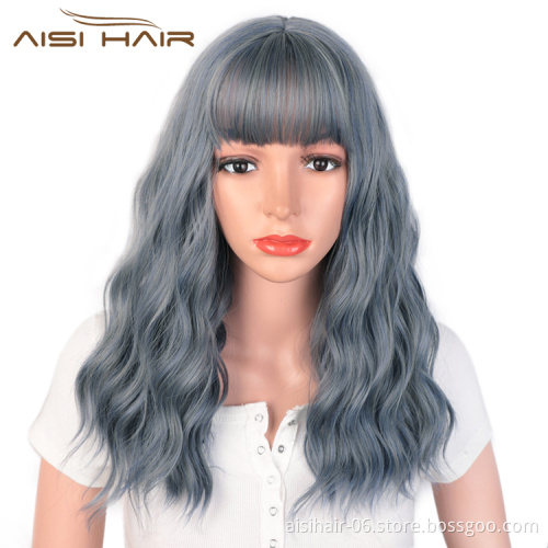 Aisi Hair Synthetic Nature Blue Body Wave Long Wavy Bang Wig Heat Resistant Fiber Wigs for White Black Women Cosplay Party Wigs